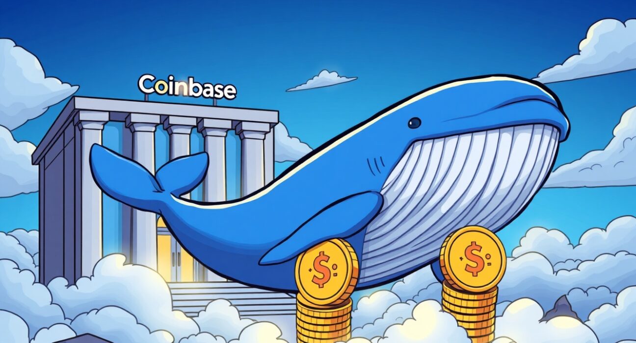 A cartoon whale transferring a large amount of SOL tokens from a Coinbase vault to an unknown, mysterious wallet, illustrating a significant blockchain transaction.