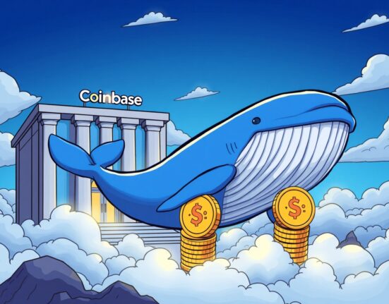 A cartoon whale transferring a large amount of SOL tokens from a Coinbase vault to an unknown, mysterious wallet, illustrating a significant blockchain transaction.
