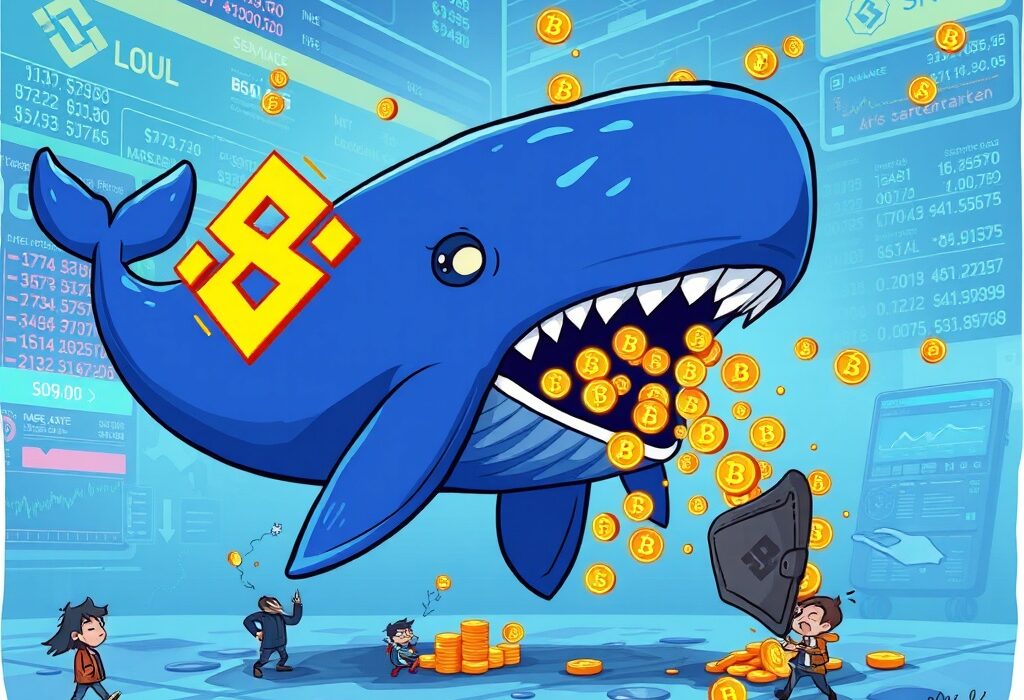 Cartoon depicting a massive SOL transfer from a Binance-like exchange to an unknown wallet, symbolizing significant crypto market movement.