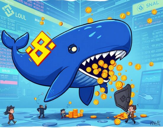 Cartoon depicting a massive SOL transfer from a Binance-like exchange to an unknown wallet, symbolizing significant crypto market movement.