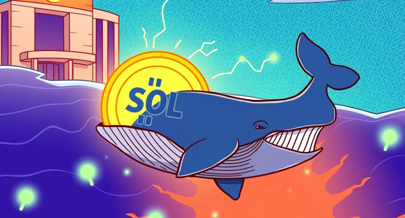 Cartoon whale moving a large amount of SOL transferred to Coinbase Institutional, representing a significant crypto transaction.