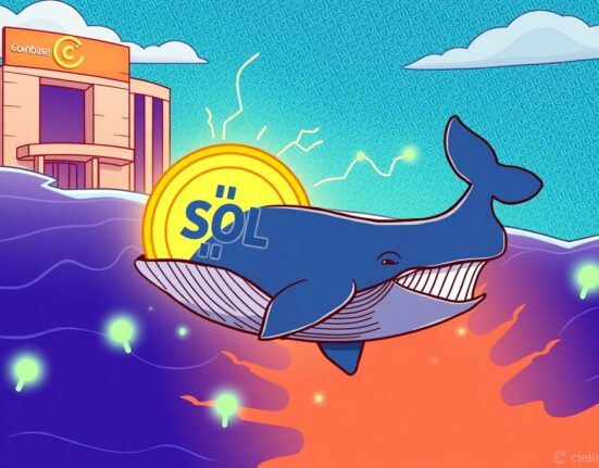 Cartoon whale moving a large amount of SOL transferred to Coinbase Institutional, representing a significant crypto transaction.