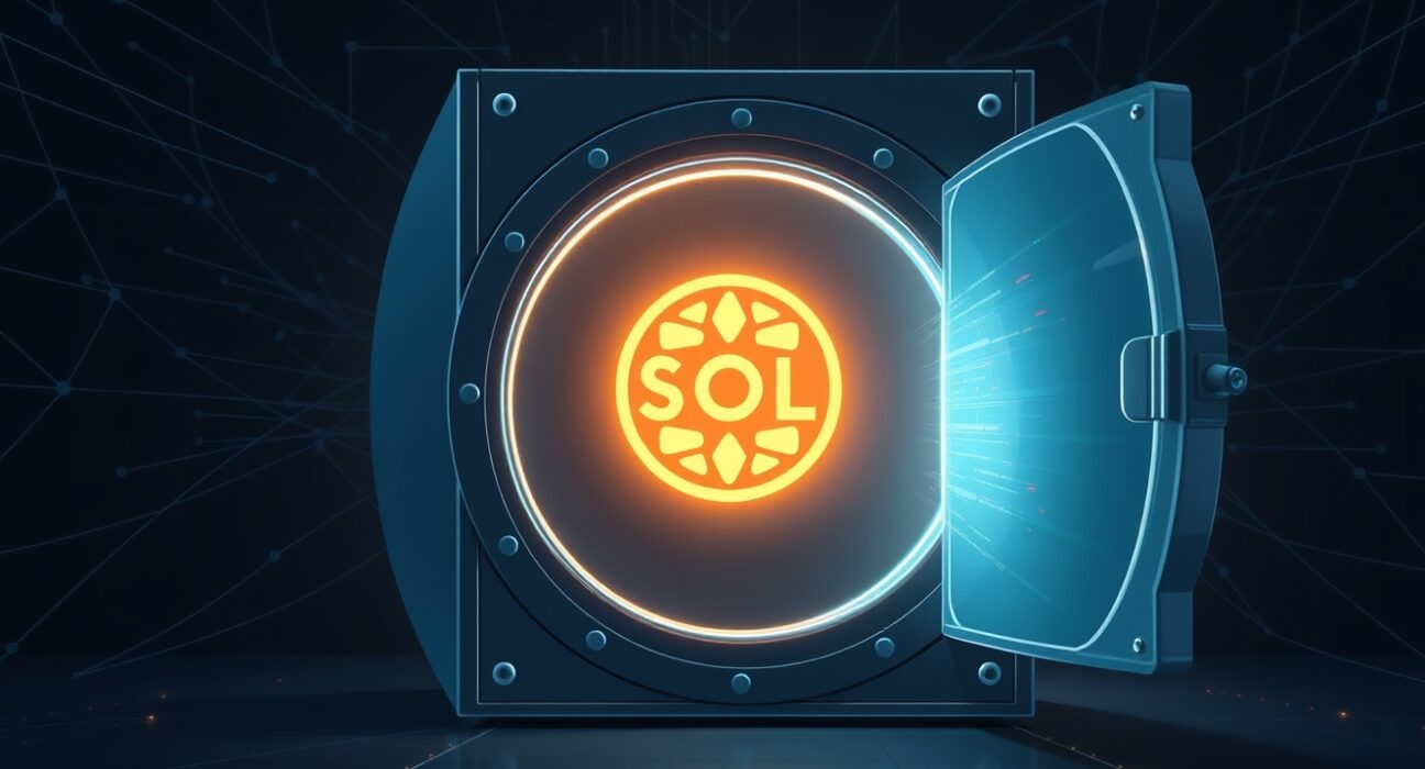 Digital vault releasing Solana cryptocurrency assets representing the 2.3 million SOL unlock event.