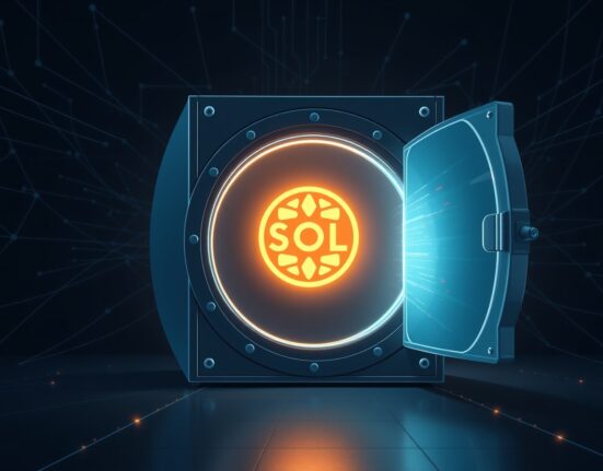 Digital vault releasing Solana cryptocurrency assets representing the 2.3 million SOL unlock event.