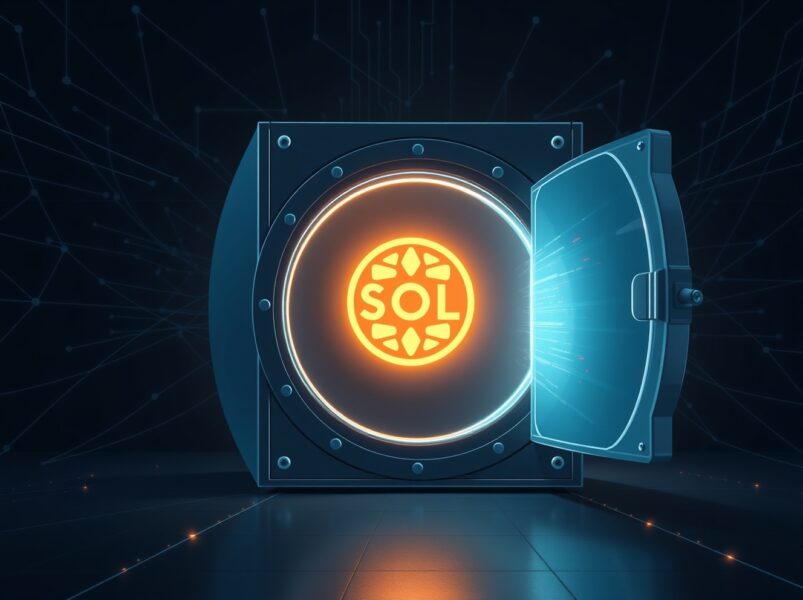 Digital vault releasing Solana cryptocurrency assets representing the 2.3 million SOL unlock event.