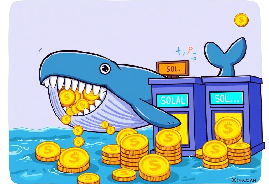 A cartoon whale making a large SOL whale deposit into crypto exchanges, illustrating significant market activity.