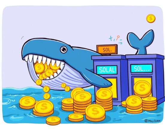 A cartoon whale making a large SOL whale deposit into crypto exchanges, illustrating significant market activity.