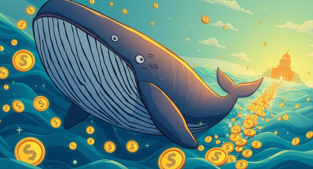 A large cartoon whale depositing digital coins, symbolizing a significant SOL whale deposit impacting the crypto market.