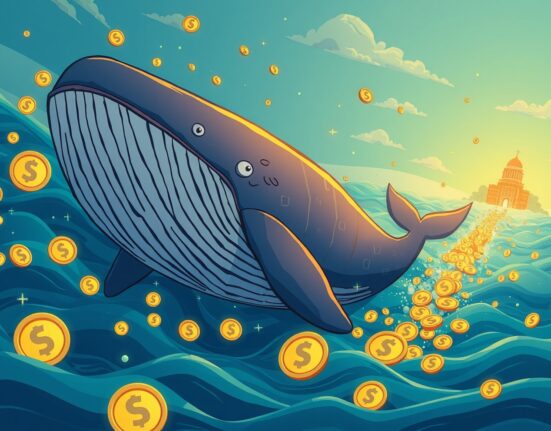 A large cartoon whale depositing digital coins, symbolizing a significant SOL whale deposit impacting the crypto market.