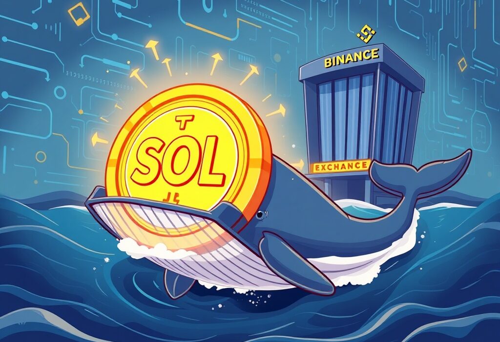 Cartoon whale moving a significant SOL whale transfer to a crypto exchange, symbolizing large market movements.