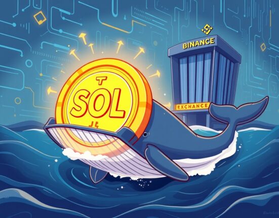 Cartoon whale moving a significant SOL whale transfer to a crypto exchange, symbolizing large market movements.