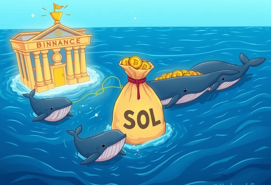 Cartoon illustration depicting SOL whales strategically withdrawing Solana tokens from exchanges, signaling long-term holding and potential future impact.