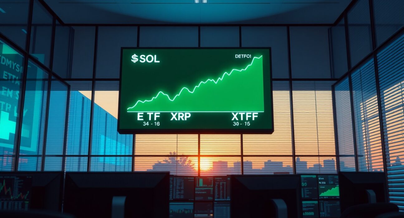 Professional trading floor display showing rising SOL ETF and XRP ETF market data.
