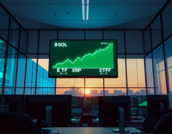 Professional trading floor display showing rising SOL ETF and XRP ETF market data.
