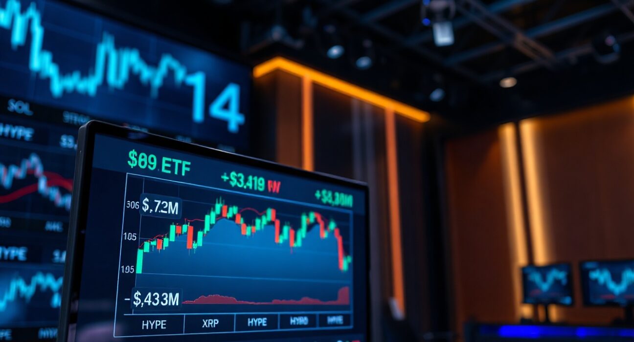 Digital display showing Solana, XRP, and Hyperliquid ETF flow data with red and green charts