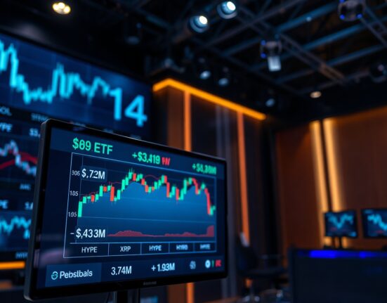 Digital display showing Solana, XRP, and Hyperliquid ETF flow data with red and green charts