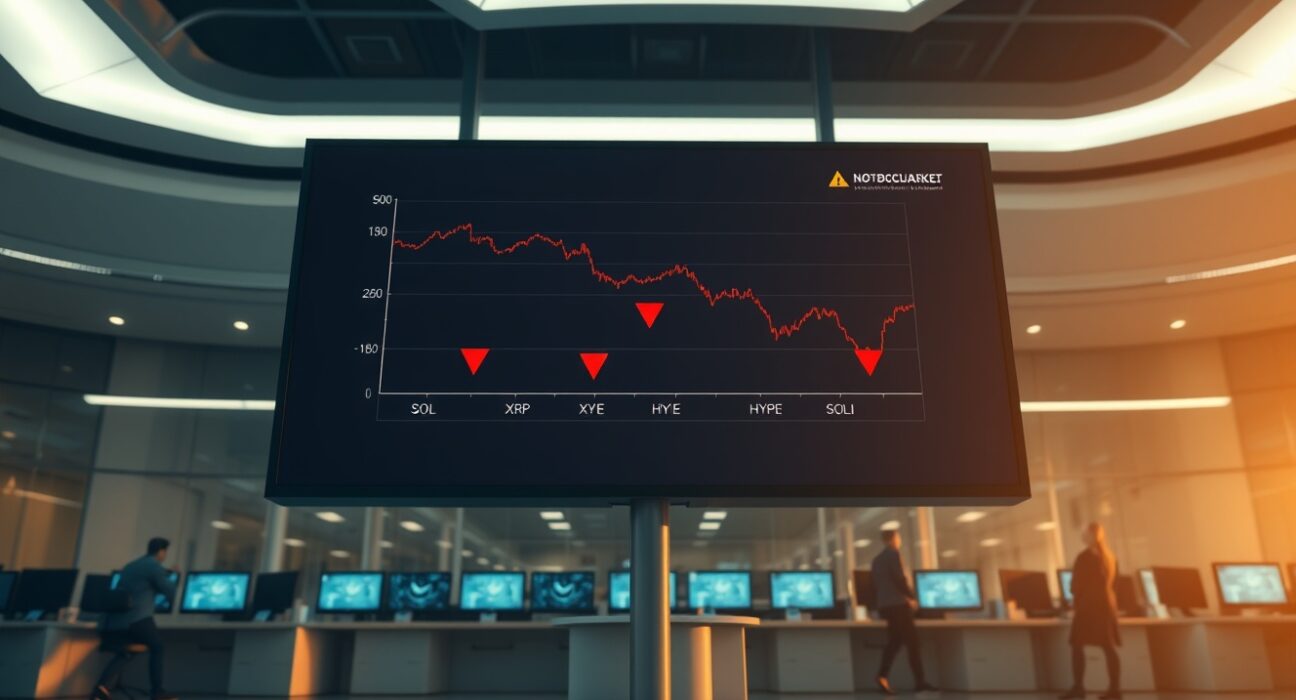 Digital display showing downward-trending charts for SOL, XRP, and HYPE ETFs with red arrows.