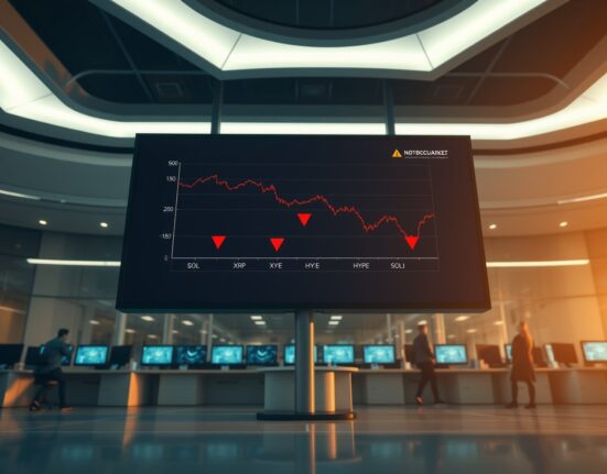 Digital display showing downward-trending charts for SOL, XRP, and HYPE ETFs with red arrows.