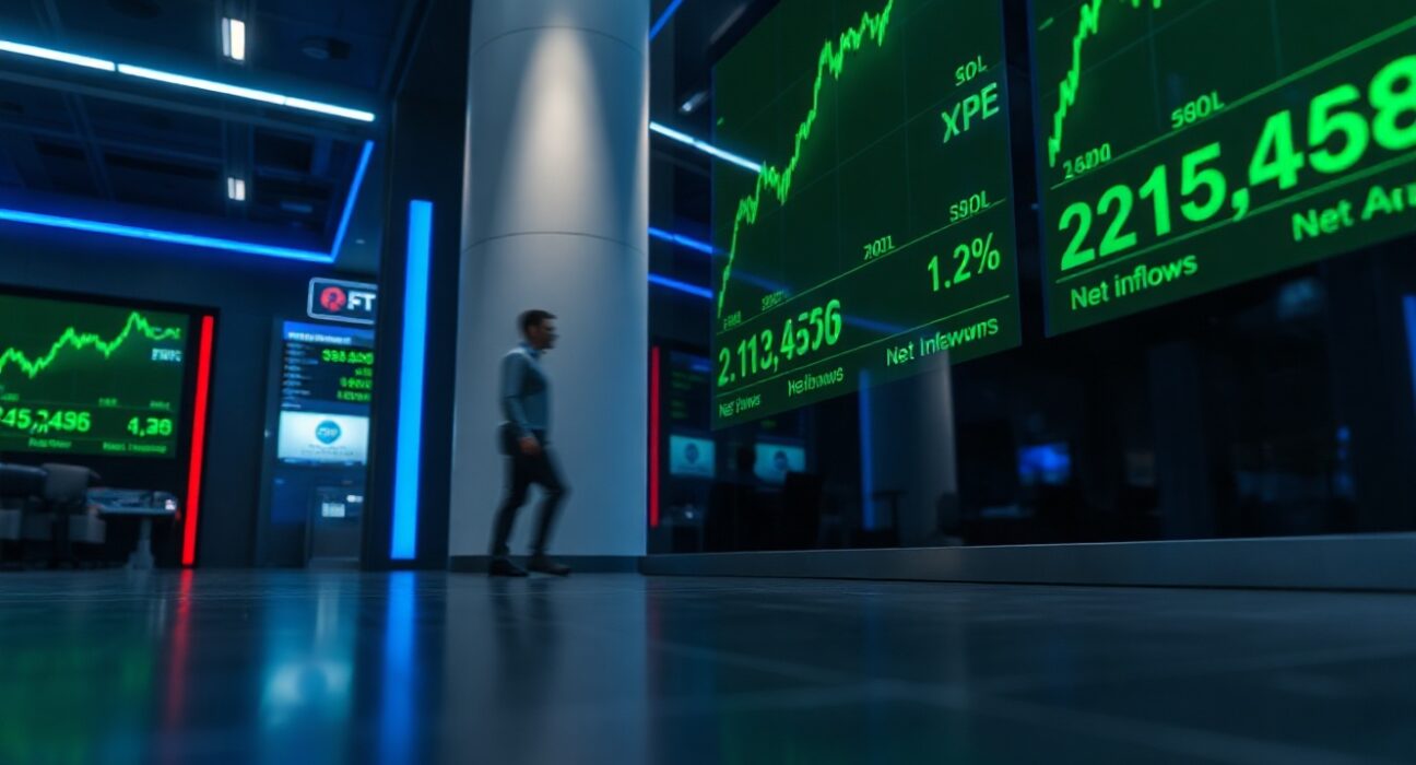 Digital display showing green charts and tickers for SOL, XRP, and HYPE ETFs with positive inflow data on a trading floor.