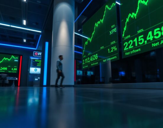Digital display showing green charts and tickers for SOL, XRP, and HYPE ETFs with positive inflow data on a trading floor.