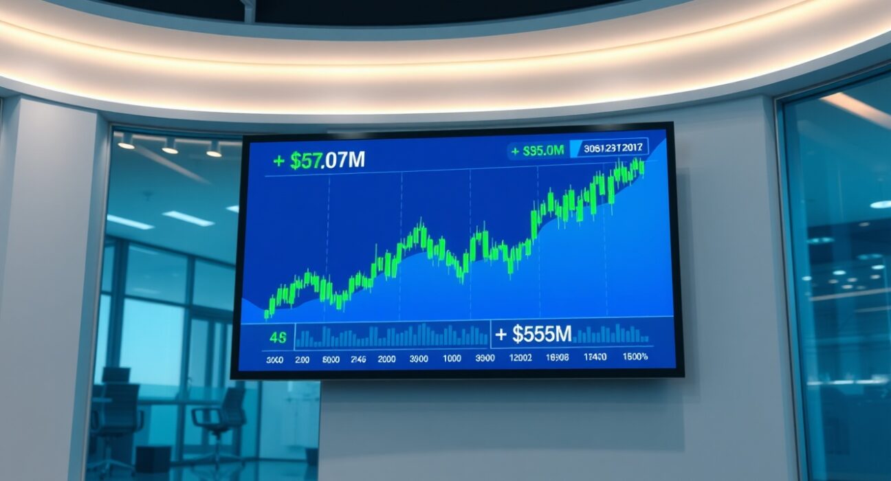 Digital display showing green financial charts and net inflow figures for SOL, XRP, and HYPE ETFs