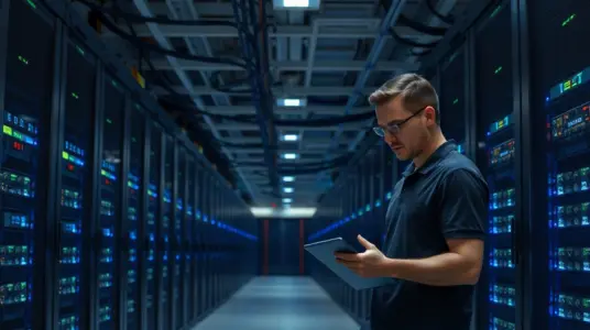 Engineer in a server room representing Solana's 200ms slot activation on mainnet