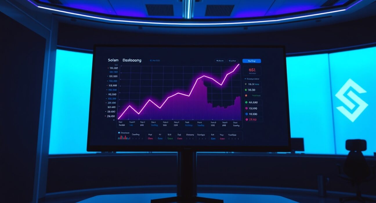 Digital dashboard showing an upward trend line representing surging Solana network activity