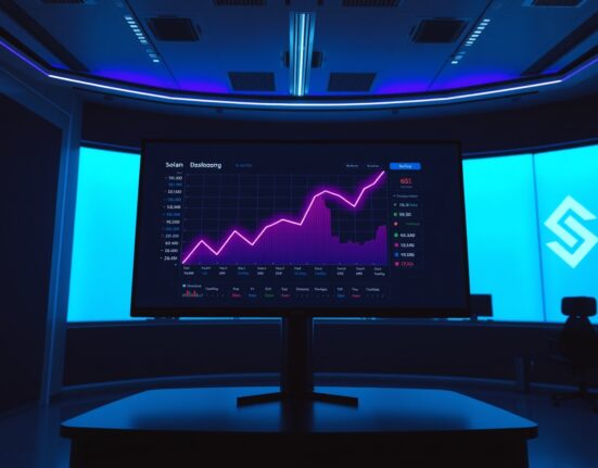 Digital dashboard showing an upward trend line representing surging Solana network activity
