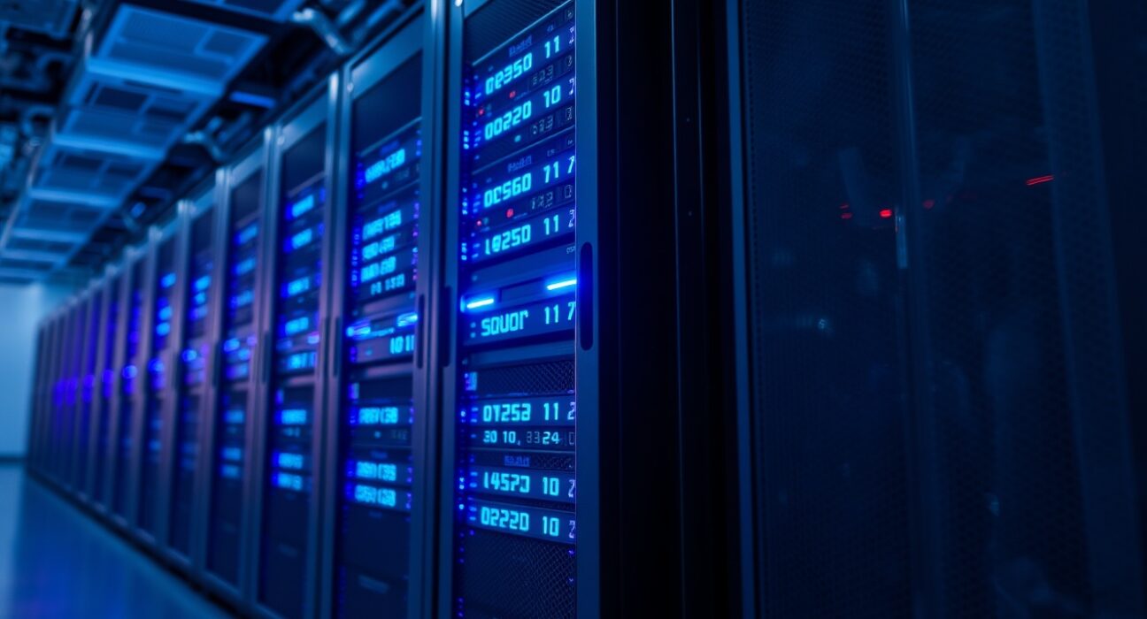 Solana validator server rack with blue LED lights symbolizing network upgrade