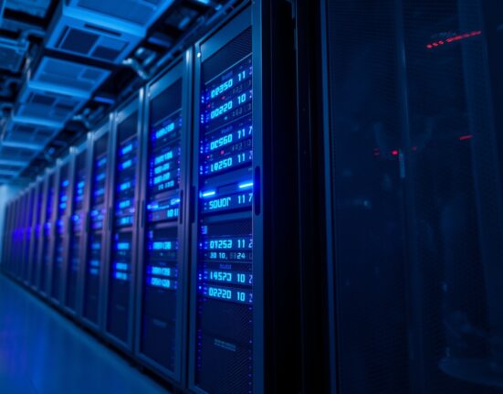 Solana validator server rack with blue LED lights symbolizing network upgrade