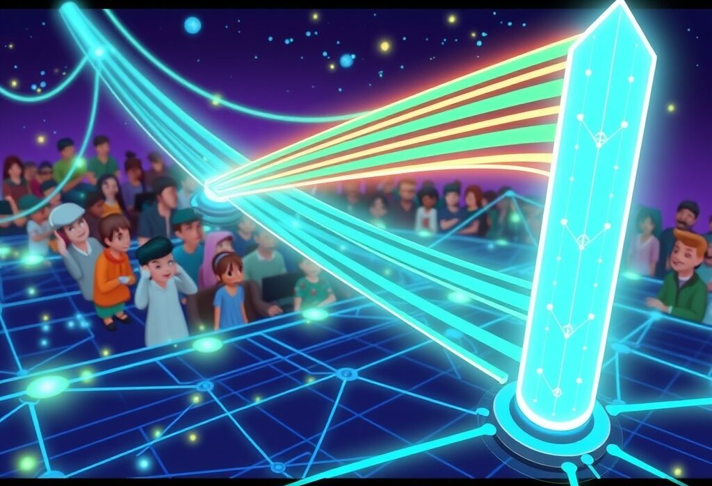 A cartoon illustration showing the Solana network accelerating due to the Alpenglow speed upgrade, symbolizing enhanced blockchain performance.