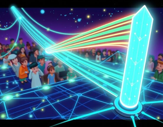 A cartoon illustration showing the Solana network accelerating due to the Alpenglow speed upgrade, symbolizing enhanced blockchain performance.