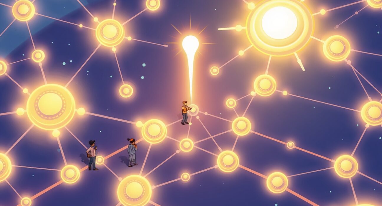 A cartoon illustration of a network of validators benefiting from the Solana Alpenglow upgrade, symbolizing reduced costs and enhanced efficiency.