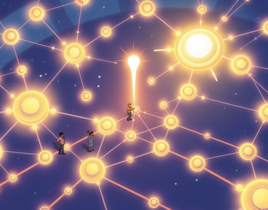 A cartoon illustration of a network of validators benefiting from the Solana Alpenglow upgrade, symbolizing reduced costs and enhanced efficiency.