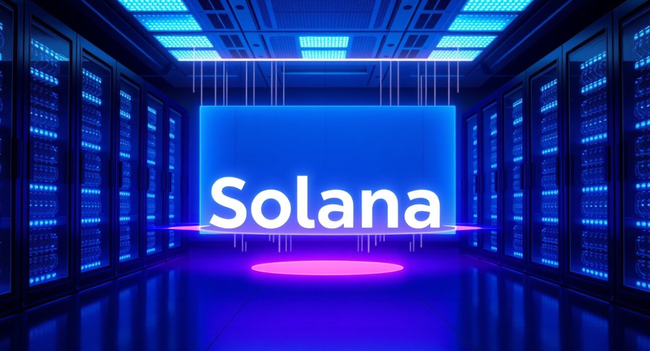 Futuristic data center with glowing Solana logo hologram representing the Alpenglow upgrade testing