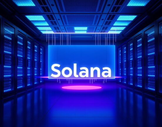 Futuristic data center with glowing Solana logo hologram representing the Alpenglow upgrade testing