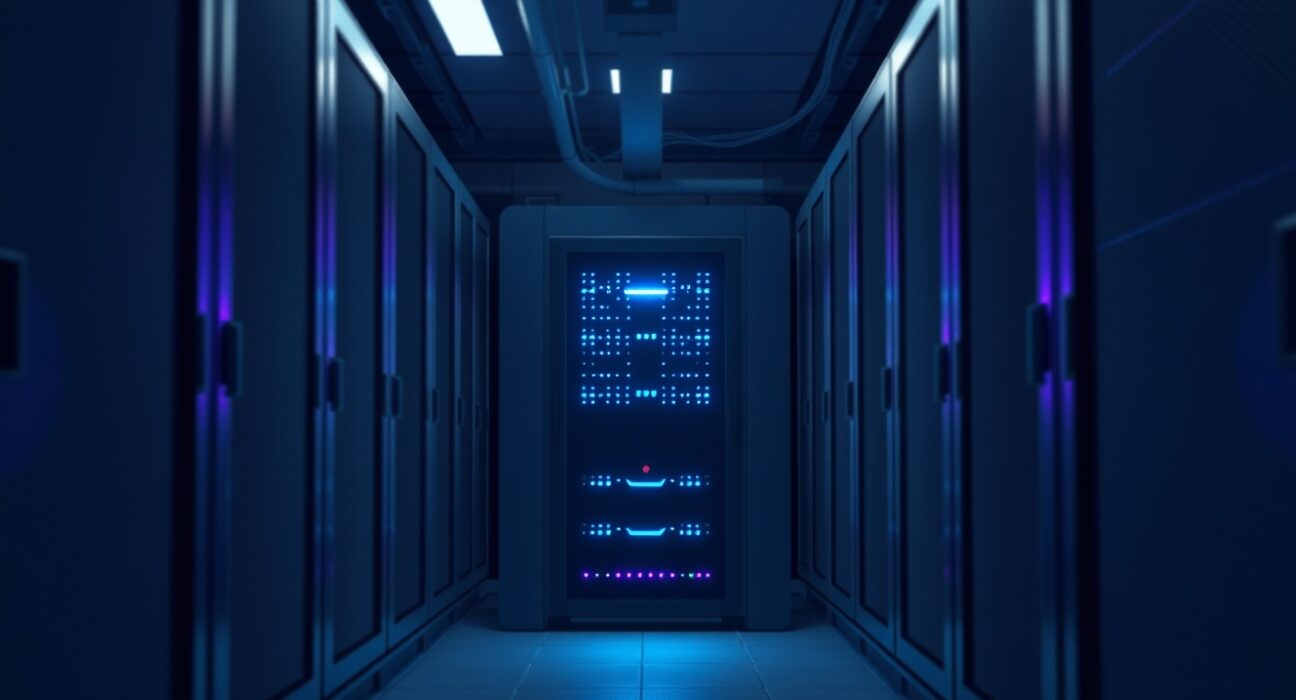 A server rack in a data center with a blue and purple glow, representing the Solana Alpenglow network upgrade.