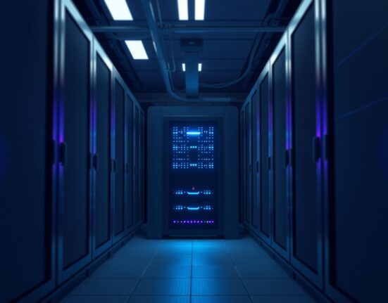 A server rack in a data center with a blue and purple glow, representing the Solana Alpenglow network upgrade.