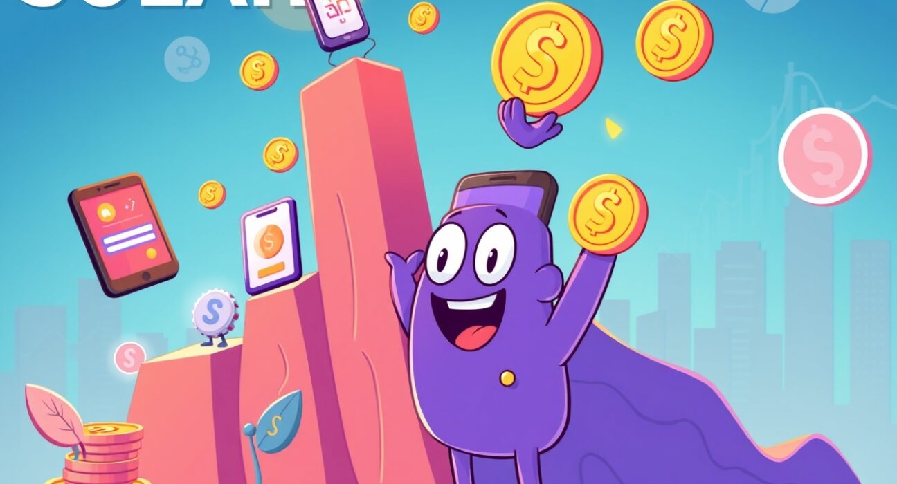 A cartoon illustration symbolizing the impressive growth of Solana app revenue, with charts and digital assets ascending.