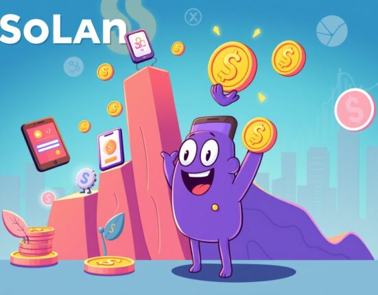 A cartoon illustration symbolizing the impressive growth of Solana app revenue, with charts and digital assets ascending.