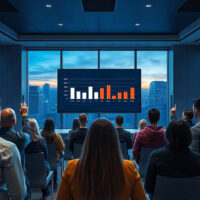 Solana community members watching a governance vote result on a large screen in a modern conference room.