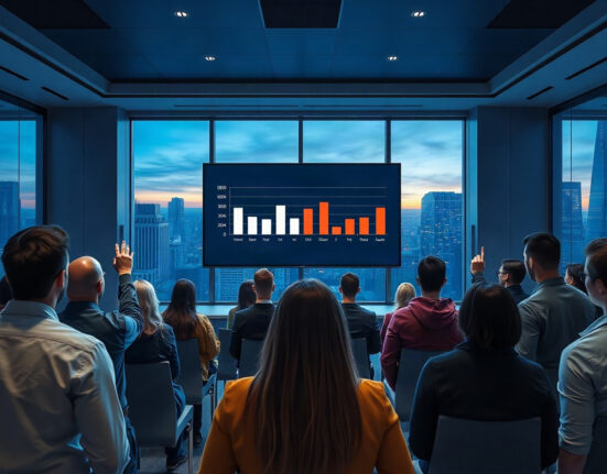 Solana community members watching a governance vote result on a large screen in a modern conference room.