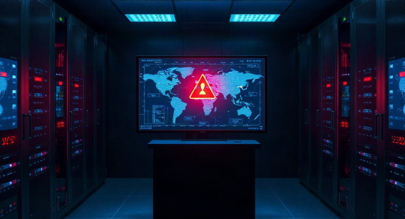 Digital blockchain network display with red alert in a server room