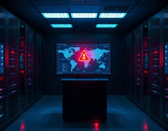 Digital blockchain network display with red alert in a server room