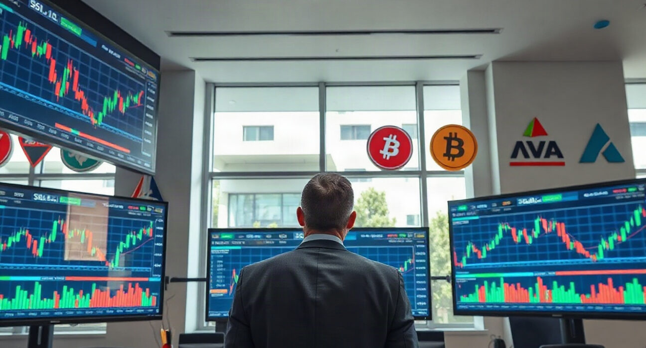Financial analyst monitoring crypto price charts on trading screens