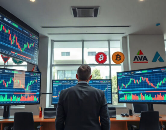 Financial analyst monitoring crypto price charts on trading screens