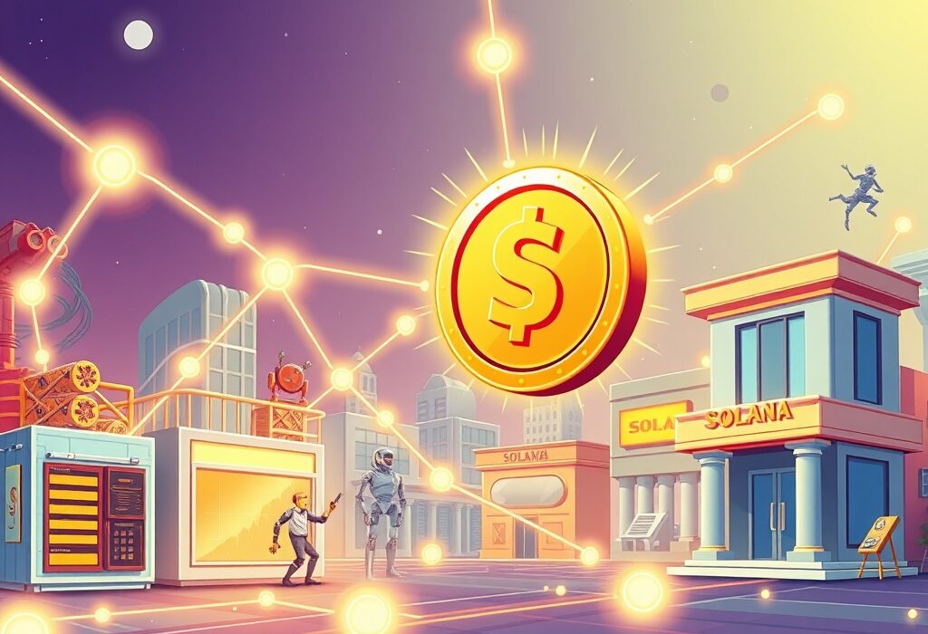 Cartoon illustration of Bitmining's new Solana-based stablecoin, DOLAI, connecting AI, merchants, and financial institutions.