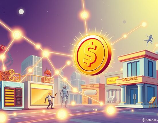 Cartoon illustration of Bitmining's new Solana-based stablecoin, DOLAI, connecting AI, merchants, and financial institutions.