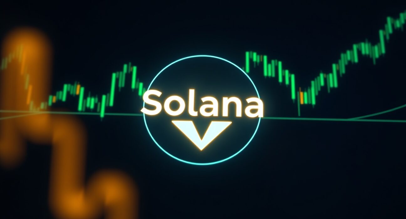 Solana SOL token symbol with upward trending charts and green candlesticks