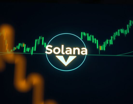 Solana SOL token symbol with upward trending charts and green candlesticks